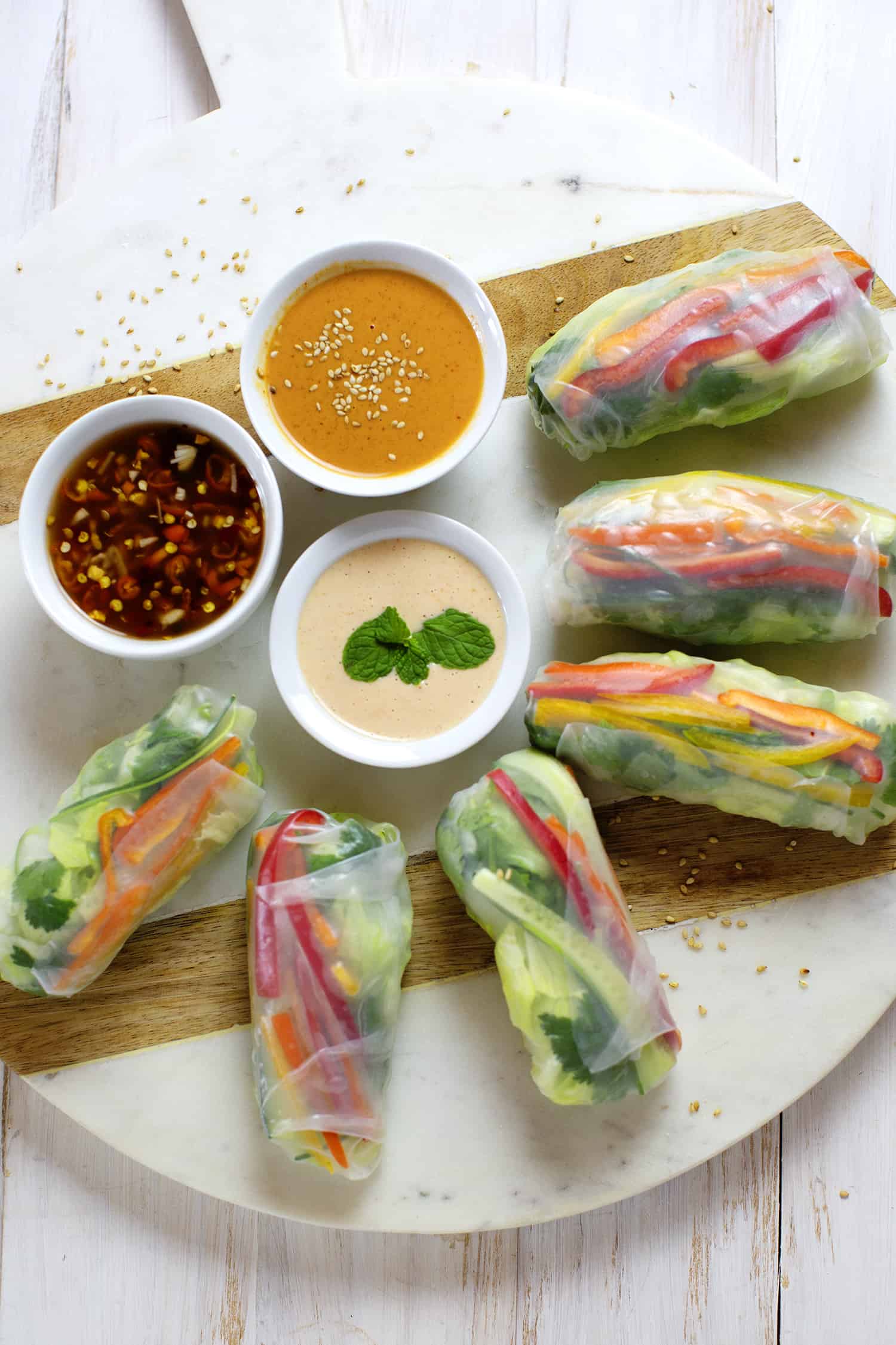 roll up your prepped veggies in the spring roll wrappers with different sauces